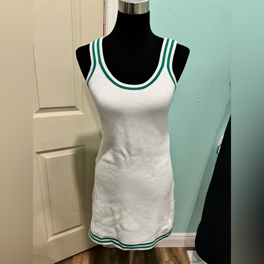 ALO Yoga White Mini Tank Dress with Green Trim